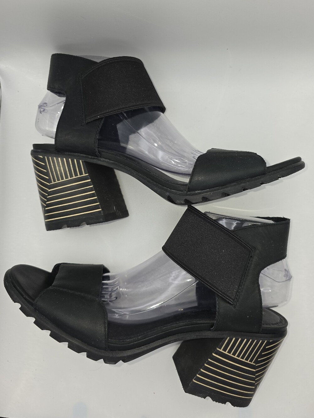 Sorel Nadia Black Leather Sandal with Striped Bock Heel (11)